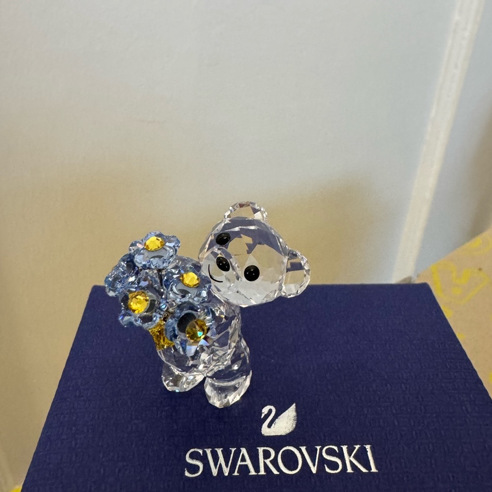 Swarovski Crystal Bear with Blue and Yellow Bouquet